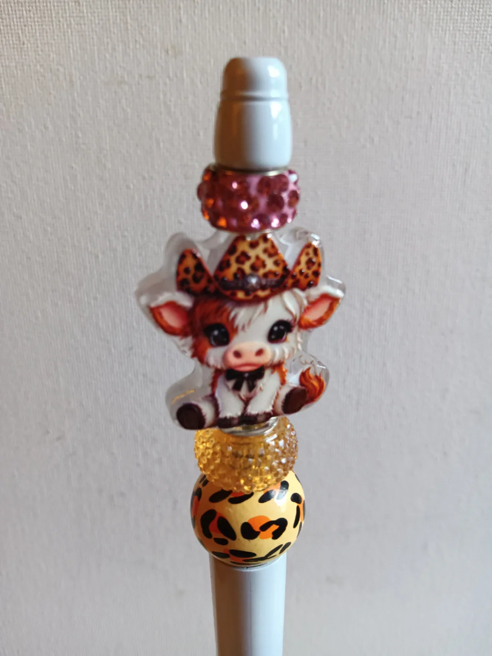 Cute Cow Beaded Pen, White with Pink and Yellow Accents